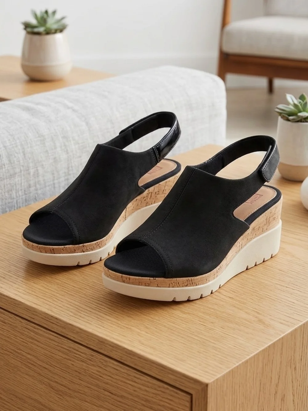 Naturalizer Black Cork Wedge Slingback Sandals